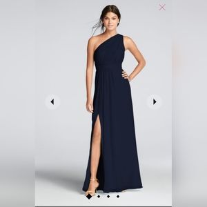 David's Bridal Long One Shoulder Crinkle Chiffon Dress Marine
